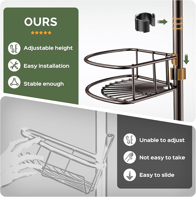 HAMITOR Corner Shower Caddy Tension Pole: 4-Tier Rust-Resistant Adjustable Bathroom Organizer Shelves - 47-121 Inch No-Drill Quick Installation - Space-Saving Storage for Renters Families - Bronze - Image 3