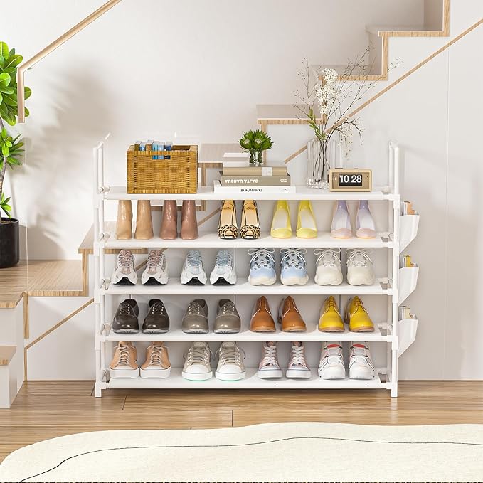 OYREL 5 Tier Shoe Organizer, 33.3in Wide x 11.2in Deep x 35.6in Tall, Black Metal and Plastic Shoe Rack with Side Bag, Holds 20-25 Pairs of Shoes - Image 4