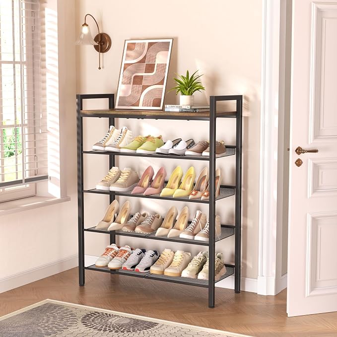 WIN4ALL Shoe Rack for Front Door Entrance, 5 Tier Shoe Rack for Entryway, 16-20 Pairs of Shoes, Metal Shoe Rack Organizer, Free Standing Shoe Rack for Closet (Black+Rustic Brown) - Image 2