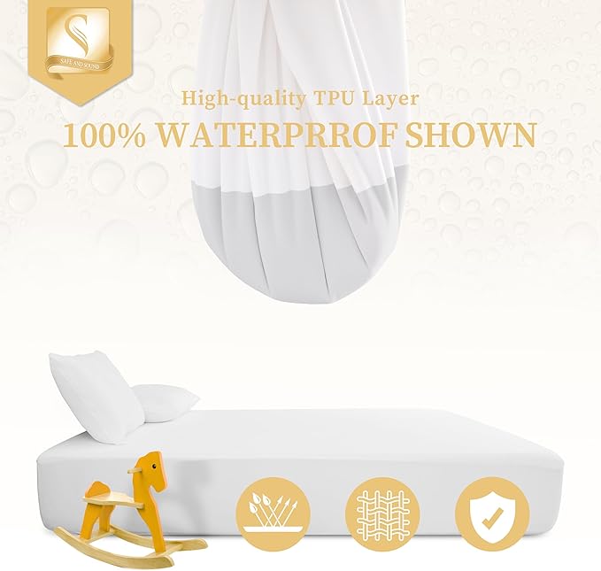 Safe and Sound Waterproof Mattress Protector, Queen Size Premium Mattress Cover, Noiseless Breathable Soft, Fitted Deep Pocket 8-21 Inch Bed Cover, Machine Washable