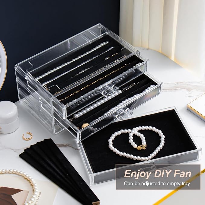 YUFONG Necklace Holder Organizer, Dustproof Necklace Box Velvet Necklace Organizer Box with Lid Clear Acrylic Dustproof Stackable Jewelry Displays for Necklaces Chain Display (Black, 3 Drawer) - Image 3