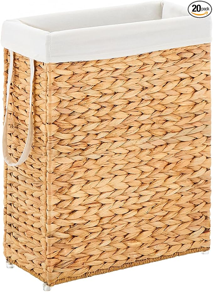 Handwoven Slim Laundry Hamper, 55L Narrow Laundry Basket, Natural Water Hyacinth Basket and Handles and Removable Liner Bag & 2 Mesh Bags (Natural, 55L) by LGENHOOMHandwovenNaturalWaterHyacinthBasket