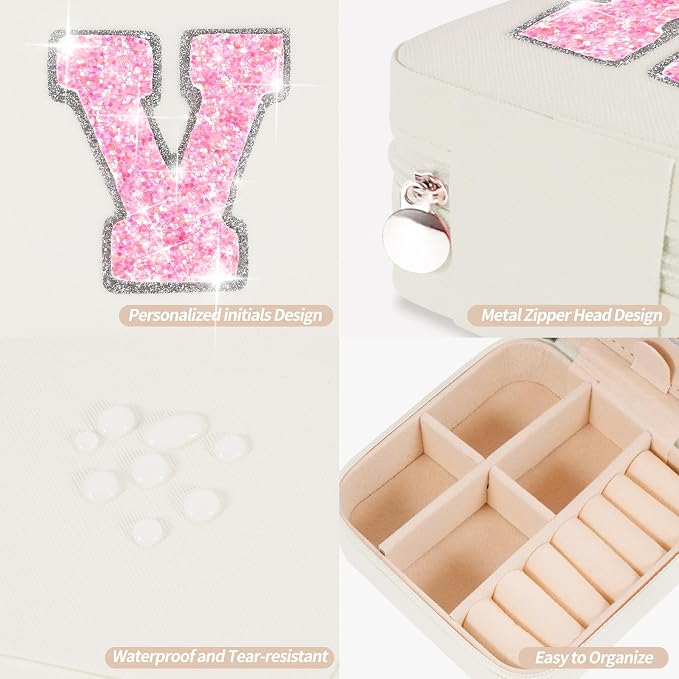 Uygafly Personalized Jewelry Case for Women Girls - Fashion Mini Jewelry Boxes - Trendy Travel Jewelry Organizer with Initials Letter - Teen Gifts | Cream,V - Image 4