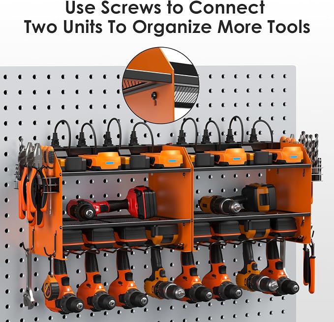CCCEI Modular Power Tool Organizer Wall Mount with Charging Station. Garage Drill Storage Shelf with Hooks, Heavy Duty Rack, Tool Battery Holder Built in 8 Outlet. Gift for Men. Orange, 1 Pack. - Image 6