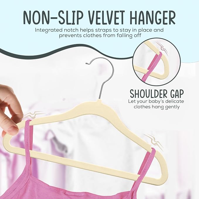 TechZoo 25 Premium Baby Velvet Hangers - 11.8 Inches Non-Slip & Ultra-Slim Baby Hangers for Space-Saving & Children Clothes - 360 Swivel Hook, Strong & Durable Infant & Toddler Clothes Hanger - Beige - Image 6