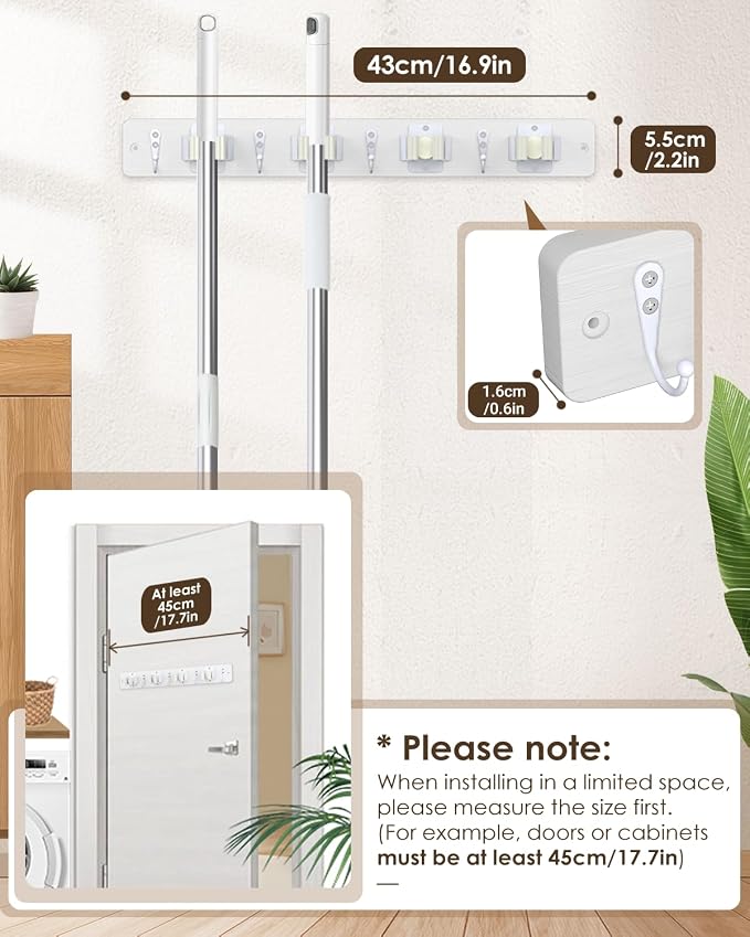 AceMining Broom Holder Wall Mounted, White 4 Holders and 4 Hooks Mop Holder, Wooden Mop and Broom Holder with Anti slip rubber, Natural pine wood Brush Holder, Mop Wall Holde with Nail installation - Image 4