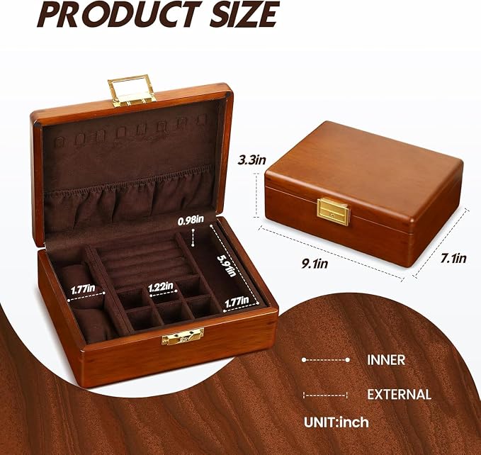 Solid Walnut Wood Jewelry Box with Lock,2 Layer Velvet Lined for Earrings Rings Necklaces Bracelets Watches,Both Style and Security, for Men Women,Vintage Brown - Image 9