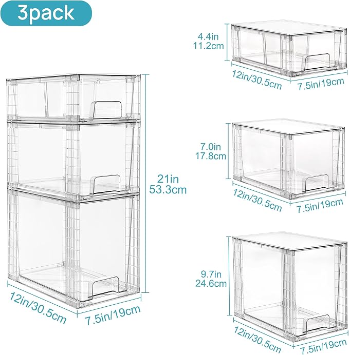 Vtopmart 3 Pack Clear Stackable Storage Drawers,Easy to Assemble Bathroom Organizers and Storage with handles,Plastic Drawers for Kitchen Pantry,Cabinet,Under Sink Organization - Image 3