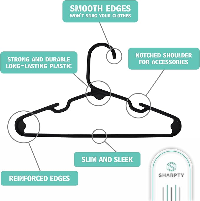 Sharpty Kids Plastic Hangers, Children's Hangers for Baby, Toddler, and Child Clothes - Everyday Standard Use - Ideal for Boys and Girls Closet, Clothing, Pants, Coats, and More - Black, 60 Pack - Image 2