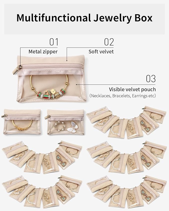VLANDO Jewelry Travel Case,Travel Jewelry Organizer with Clear Velvet Jewelry Bags Zipper Pouch for Women Girl Gift 33Pcs - Image 4