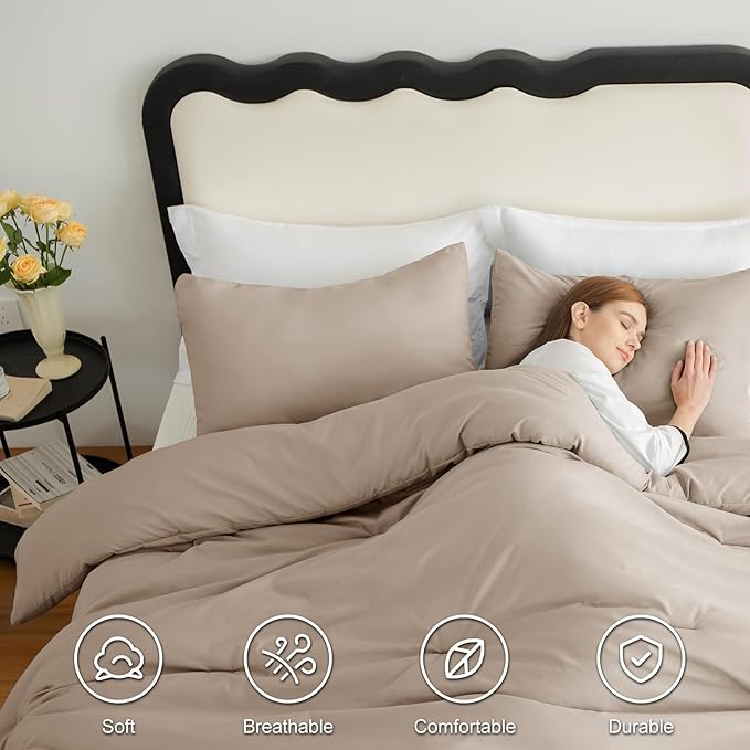CozyLux Queen Comforter Set Wheat, 3 Pieces Solid Comforters Queen Size Breathable Quilted Bedding Sets, Luxury Soft Lightweight Bed Set with Down Alternative Comforter and 2 Pillowcases All Seasons