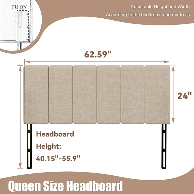 Yongchuang Upholstered Queen Headboard Only, Modern Linen Head Board for Queen Size Bed Adjustable Height Headboards Oatmeal