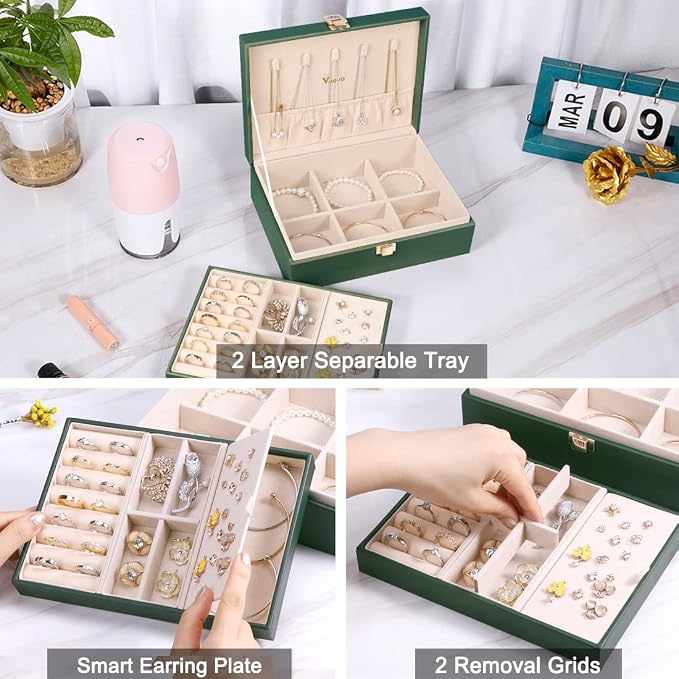 Voova Jewelry Box Organizer for Women Girls, 2 Layer Large Men Jewelry Storage Case, PU Leather Display Jewellery Holder with Removable Tray for Necklace Earrings Rings Bracelets, Blackish Green - Image 3