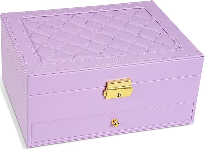 2-Layer Jewelry Box for Women Girls, Jewelry Organizers and Storage with Removable Jewelry Tray, Vintage Quilted Top Lockable Jewelry Holder Gift Idea Light Purple by Unimoly