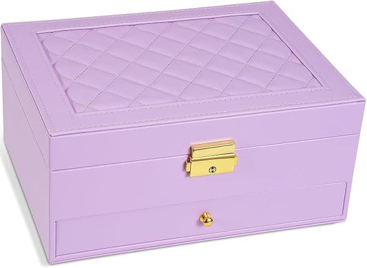 2-Layer Jewelry Box for Women Girls, Jewelry Organizers and Storage with Removable Jewelry Tray, Vintage Quilted Top Lockable Jewelry Holder Gift Idea Light Purple by Unimoly