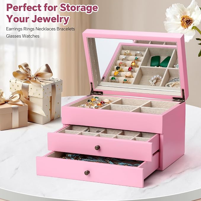 Meangood Jewelry Box Organizer for Women, 3 Layer Large Jewelry Storage Case, Rustic Wooden Jewelry Box with Mirror & Ring Tray for Necklace Earring Bracelets Rings, Vintage Style (Pink) - Image 2