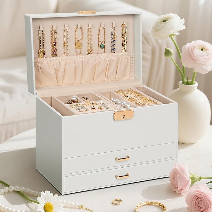 AKOZLIN Travel Jewelry Box Organizer Functional 2-trays Leather Jewelry Storage Case with Lockable Portable 2 Drawers for Women Girls Ring Necklace Earring Bracelet - Image 6