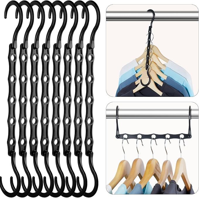 HOUSE DAY Space Saving Hangers, Black, 8 Pack, Collapsible Closet Organizer, Smart Hangers Plastic, Space Saver Hangers with 5 Holes, Sturdy Closet Organizers and Storage by HOUSEDAY