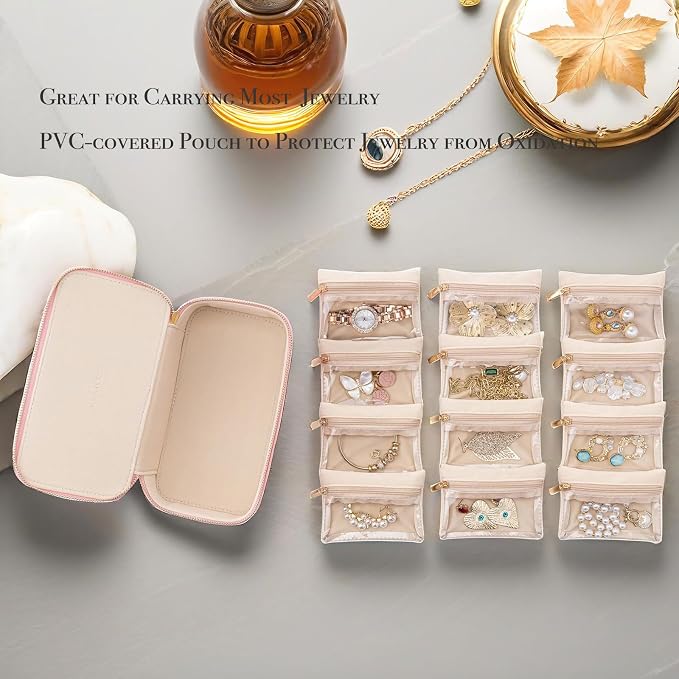 VLANDO Travel Jewelry Box Organizer – Portable PU Leather Jewelry Case with 6/8/12 Zippered Pouches, Compact Storage for Earrings Rings Necklaces Bracelets, Strawberry Pink - Image 5