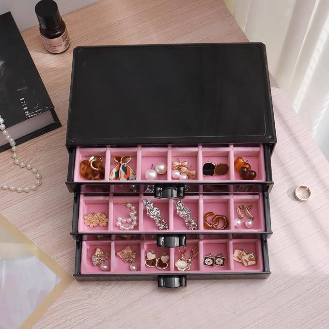 YUFONG Earring Organizer Box Acrylic Jewelry Organizer with 3 Drawers 54 Adjustable Grids Clear Stackable Earring Holder Velvet Trays Ring Display Case for Women Girls (Black Pink) - Image 2