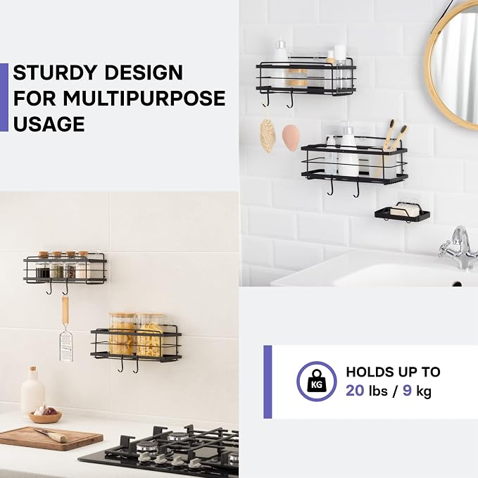KINCMAX Premium Shower Caddy with Soap Holder, 2-Pack Adhesive Shower Organizer, No Drill Bathroom Shelves, Rustproof Stainless Steel Shelves for Inside, Shower Storage Rack, Matte Black - Image 4