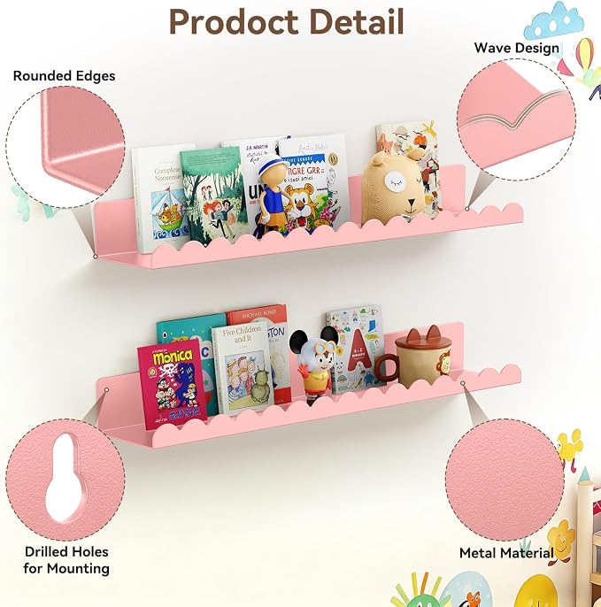Floating Shelves for Wall, 23 Inch Metal Nursery Book Shelves 4 Pack, Wall Mounted Book Shelf for Kids Room, Bedroom, Bathroom, Playroom Decor (Pink) - Image 4