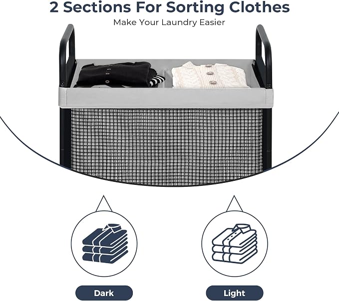 STO STO Laundry Hamper 2 Section, 100L Rolling Laundry Sorter Cart with Removable and Washable Liner Bag, Clothes Hamper with Wheels and Metal Handle for Laundry Room and Bedroom, Gray - Image 5
