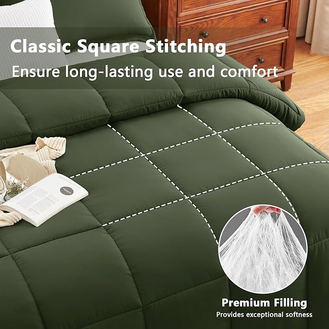 CozyLux King Comforter Set - Olive Green Comforter King Size, 3 Pieces Box Stitched Bed Set for All Seasons, Soft Lightweight Bedding Sets with 1 Down Alternative Comforter and 2 Pillow Shams