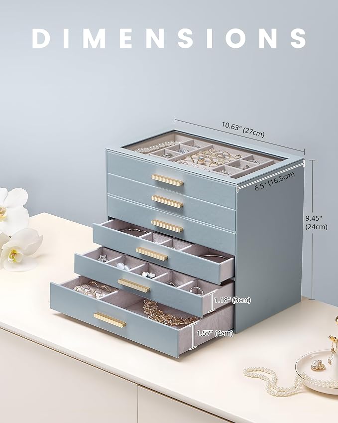Lolalet Jewelry Box Organizer, 6-Layer Jewelry Organizers and Storage Case with Glass Lid, Ring Earring Bracelet Necklace Holder Organizer, Birthday Valentine Gifts for Women Girls -6Layer, HazeBlue - Image 5