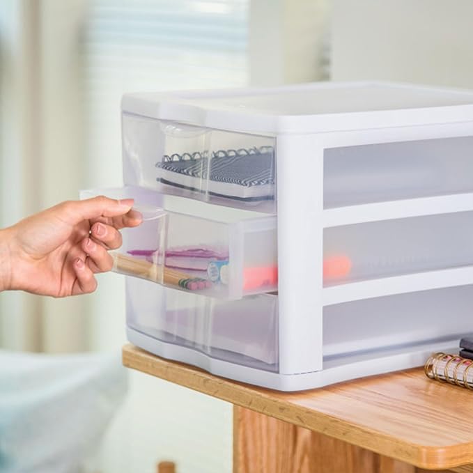 Sterilite 4-Pack 3 Drawer Unit, Stackable Plastic Organizer with Drawers, White Frame - Multi-Purpose Countertop Storage Containers for Office Supplies, Craft Rooms, Classrooms and Home Organization - Image 7