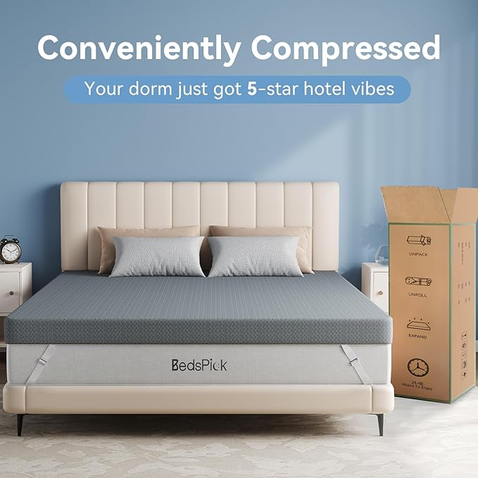 BedsPick Twin Mattress Topper, 2 Inch Gel Memory Foam Topper - Soft Grey Cover with Adjustable Straps, Pressure Relief, CertiPUR-US Certified