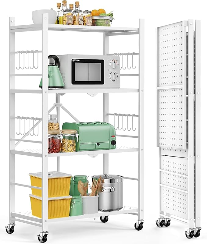 Himix Storage Shelves with 20 Hooks, 4-Tier Foldable Shelves for Storage, Folding Shelf Unit Pantry Shelves with Wheels, Metal Shelving Storage Rack Shelf for Kitchen Garage Home, White - No Assembly by Himix