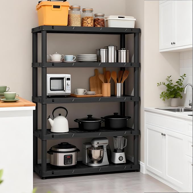 72”H Plastic Garage Storage Shelves,5-Tier Heavy Duty Plastic Shelving,700LBS Plastic Shelving Units Free Standing,for Home,Garage,Basement, Laundry,Black,16.93" Dx35.43 Wx72.44 H - Image 2