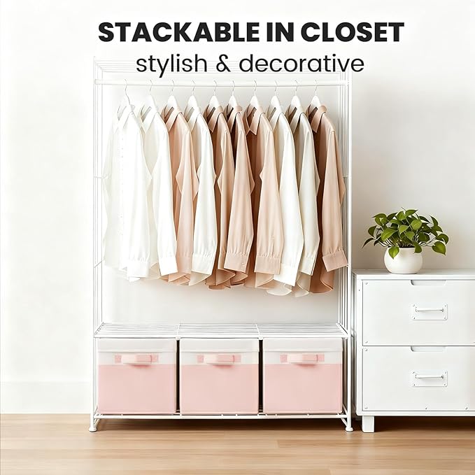 Large Closet Organizer Bins with Lids 8 Pack - Pink Storage Baskets for Shelves Nursery Bedroom Dorm RV - Stackable Decorative Closet Organization Box with Handles for Clothes Purse Blanket Towel - Image 2