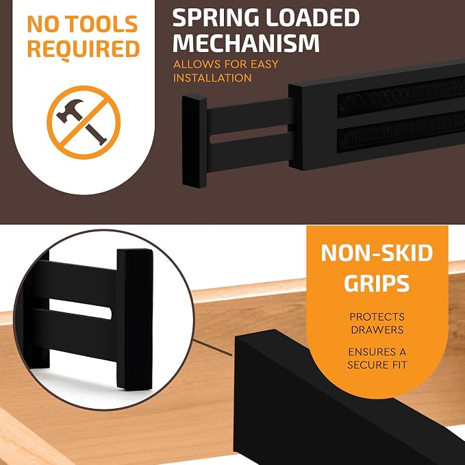 6-Pack Drawer Dividers - 2.6 Inches High, Adjustable 16 to 22 Inches Bamboo Drawer Organizer, Large Expandable Separator for Clothes, Dresser, Bedroom, Bathroom, Baby, Office, Kitchen Utensils, Black - Image 5