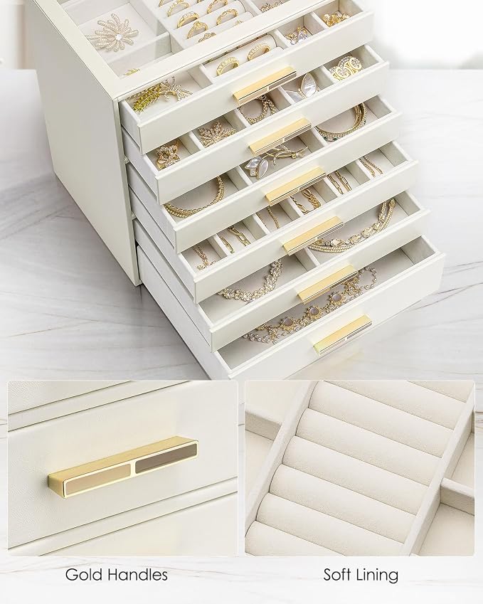 VLANDO 6 Layer Jewelry Box for Women, Glass Lid Jewelry Organizer with 6 Drawers for Necklaces Rings Earrings Bracelets - Cloud White - Image 5
