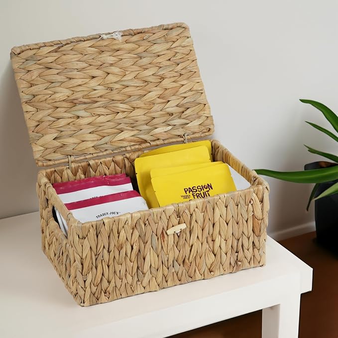 Water Hyacinth Baskets for Organizing, Rectangular Wicker Basket with Lid, Storage Baskets Bins with Built-in Handles for Shelf, Decorative Woven Basket Boxes for Storage Home Organizer Decor - Image 2