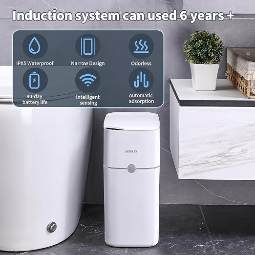 MOPUP Bathroom Trash Can, Automatic Bagging Garbage Can, 3.5 Gallon Slim Smart Small Plastic Trash Bin, Narrow Motion Sensor Trash Can for Bedroom, Office White - Image 6