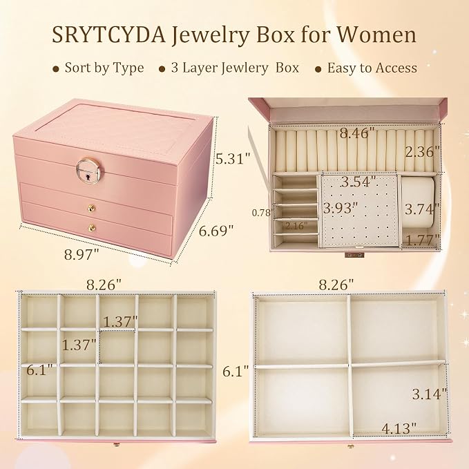 SRTCYDA Jewelry Box for Women, Large PU Leather jewelry organizers and storage, 3-Layer Jewelry Storage with 2 Drawers, Space-Saving Design for Vanity, Holds All Types of Jewelry (Pink) - Image 2