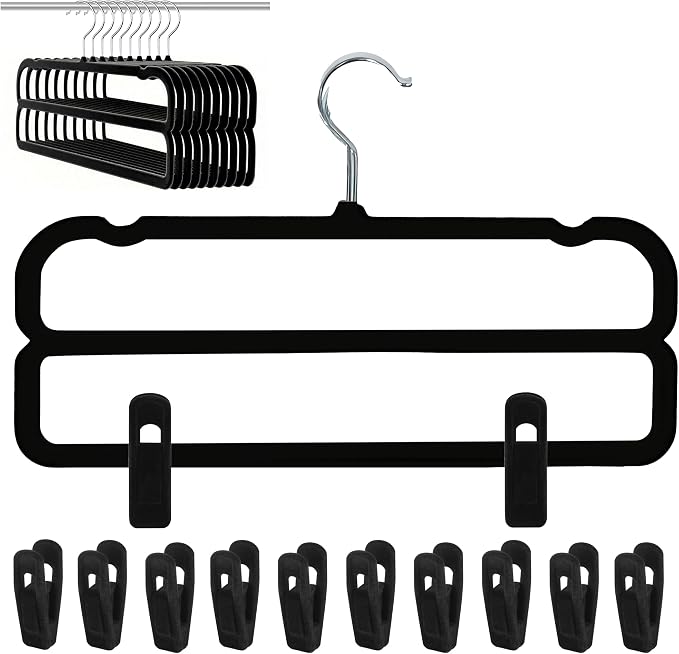 WJWSKI Velvet Pants Hangers with Double Non Slip Bar - with Adjustable Clips- Thin Space Saving Clothes Hanger - 360° Swivel Felt Trouser Hanger Perchas Terciopelo 10 Pack (Black) by WJWSKI