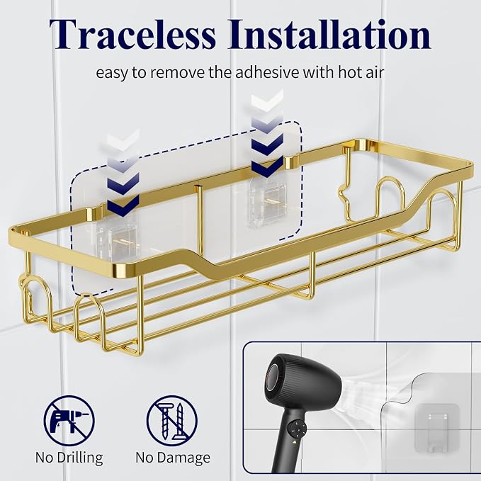Kitsure Shower Caddy Large - Adhesive Shower Organizer, Stainless Steel Shelf for Inside Shower, No Drill Bathroom Organizers and Storage, Home Decor Accessories, 2 Pack, Gold - Image 5