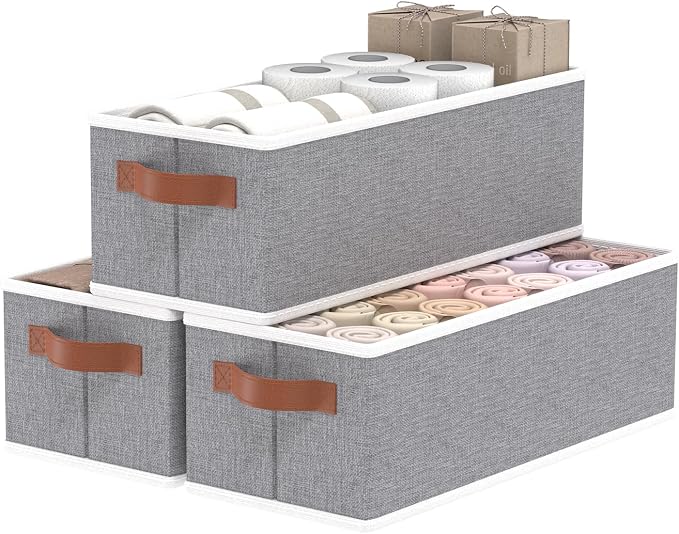 OUTBROS Storage Baskets, Foldable Bins for Shelves, Fabric Boxes With Handles, Wardrobe Organiser, For Bedrooms, Living Rooms, Grey, 15 x 6.1 x 5.1 inch, 3-Pack by OUTBROS