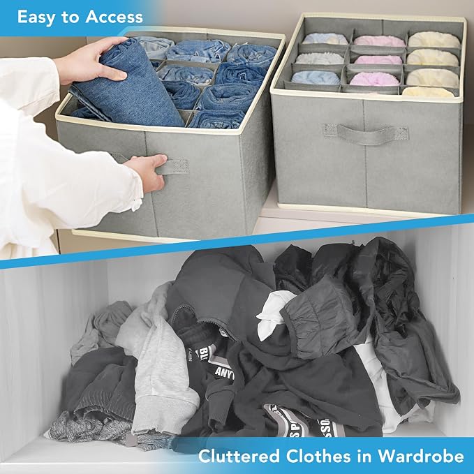 3 Pcs 12 Cell Large Size Pants Organizers for Clothes, Jeans, Sweater, T-shirt, Dress Stackable for Wardrobe Closet Drawer Organizer Storage Bin Container, Grey - Image 5