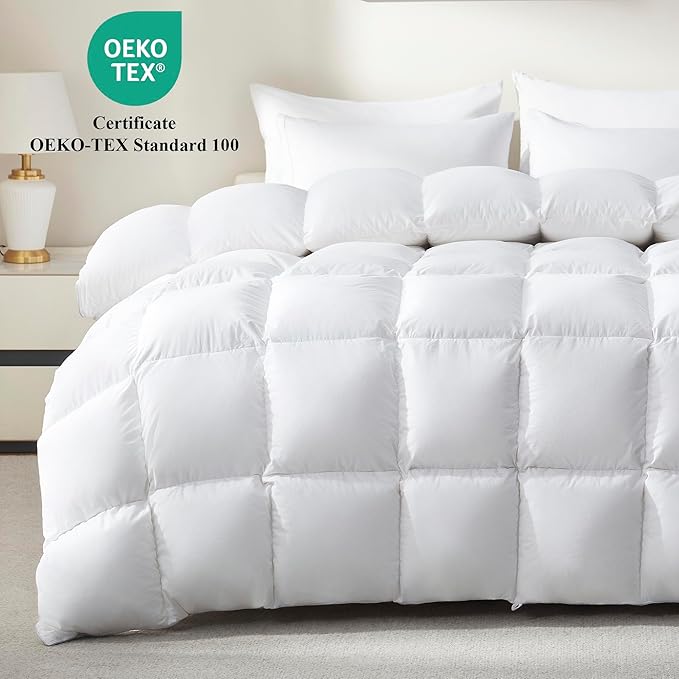 Ubauba Goose Feather Down Fiber Comforter Oversized Queen Size - All Season Fluffy White Duvet Insert - 750+ Fill Power Luxurious Hotel Bedding Comforter 100% Cotton Cover, Medium Warmth (98x98 Inch)