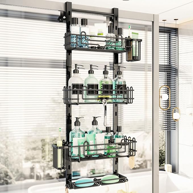 HapiRm 4 Tier Over the Door Shower Caddy, Hanging Shower Organizer with 22 Hooks and 2 Toothbrush Holders, No Drilling Adjustable Hanging Shelves for Bathroom Storage - Black by HapiRm