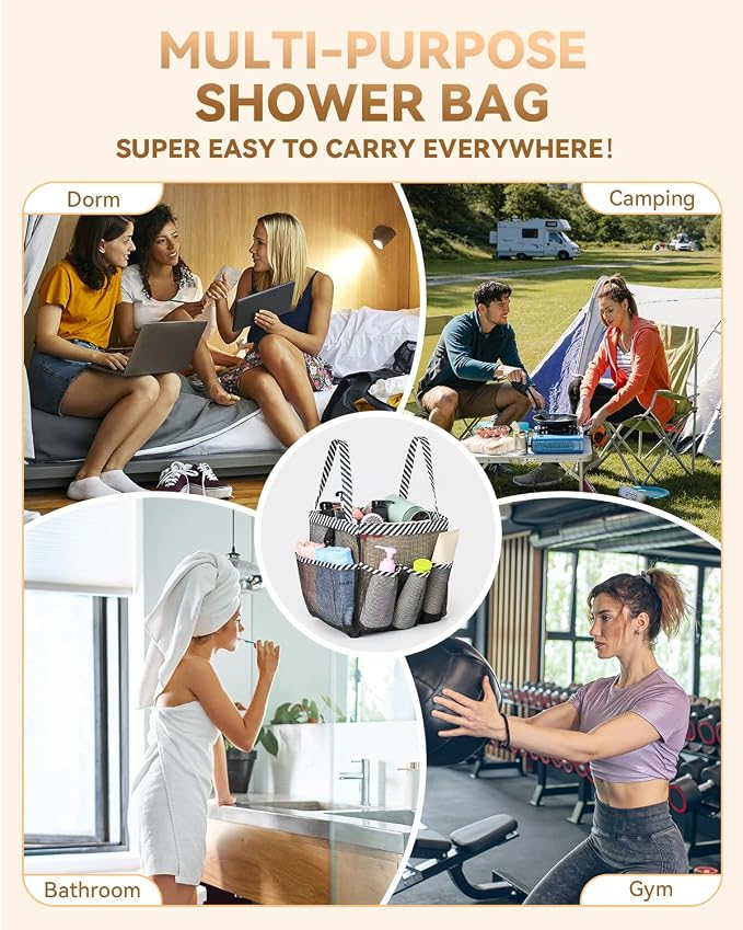 Temede Mesh Shower Caddy Tote, Large Shower Caddy Basket Portable, Quick Dry Hanging Toiletry Bag, 8 Storage Pocket Handle Bath Organizer for College Dorm, Gym, Camp, Travel - Image 6