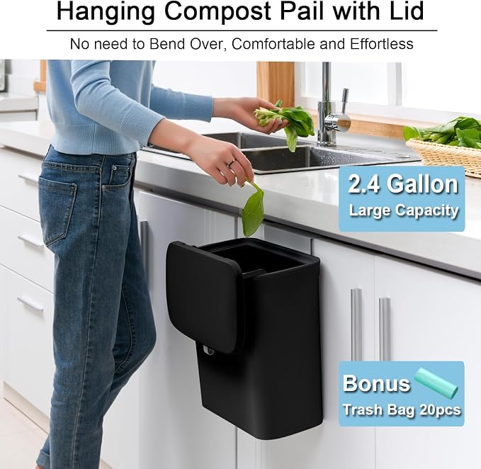 Tiyafuro 2.4 Gallon Kitchen Compost Bin for Counter Top or Under Sink, Hanging Small Trash Can with Lid for Cupboard/Bathroom/Bedroom/Office/Camping, Mountable Indoor Compost Bucket, Black - Image 2