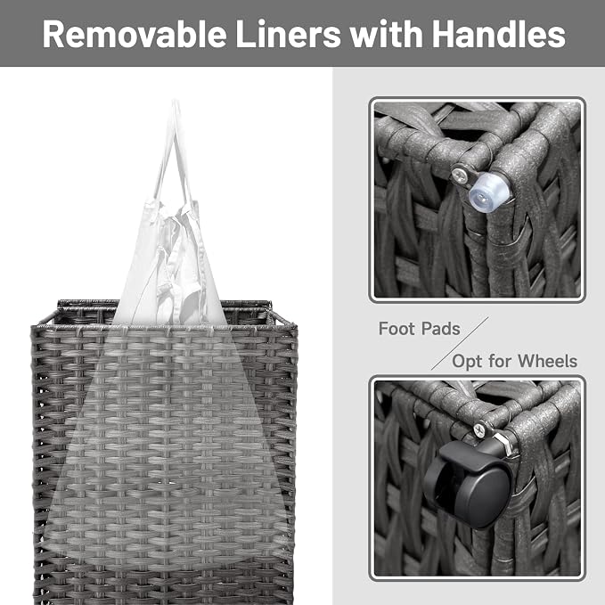 70L Slim Laundry Hamper with Lid & Wheels, 2-Park Rolling Laundry Basket with 4 Removable Liner Bags & 3 Mesh Bags, Narrow Dirty Clothes Basket, Foldable Handwoven Rattan Laundry Sorter, Grey - Image 6