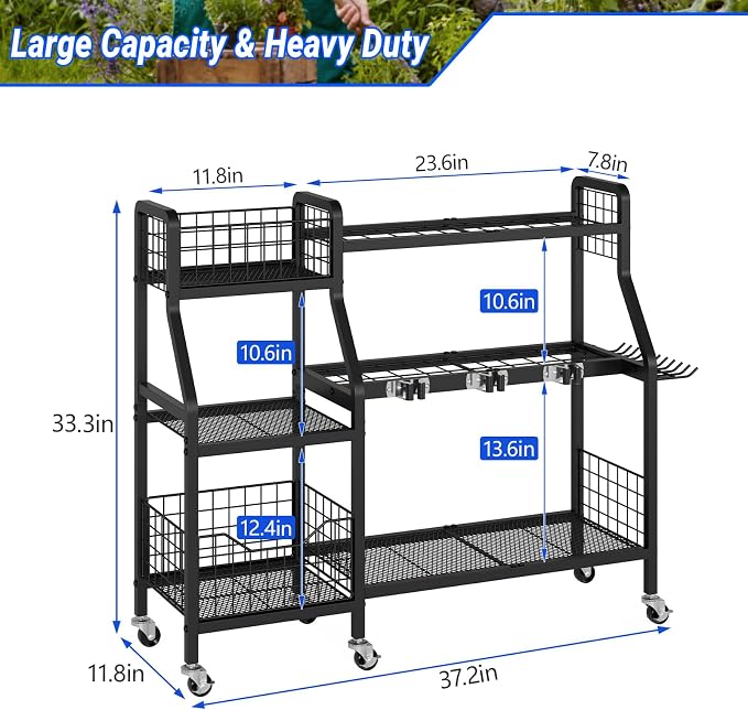 keomaisyto Garden Tool Organizer with 6 Wheels(3 lockable), Heavy Duty Yard Tool organizer with 2 Basket, Large Metal Garage Tool Organization and Storage for Garage/Shed/Yard/Broom Closet/Lawn - Image 6
