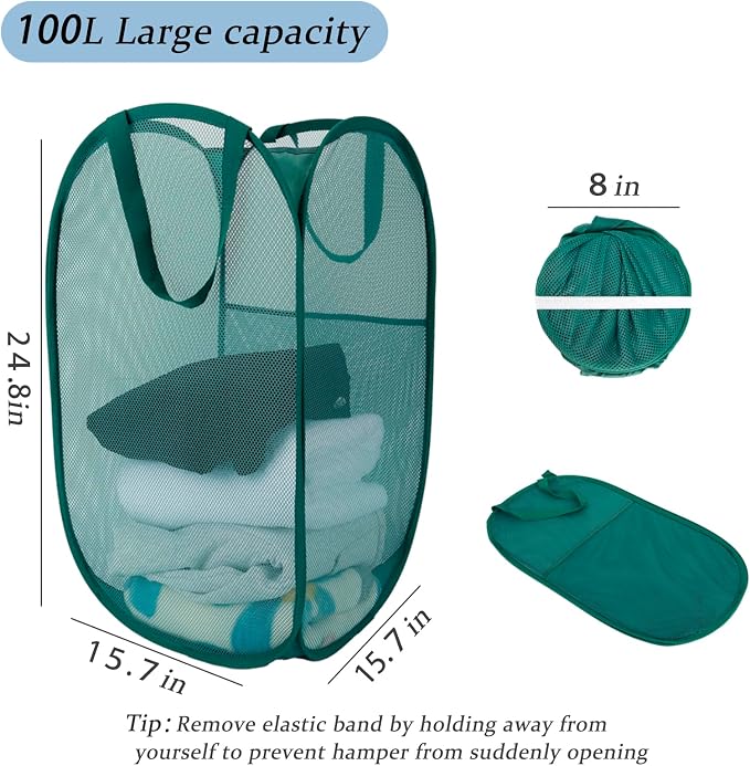 Upgraded 100L Extra Large Mesh Pop Up Laundry Basket With Handles, Light Breathable, Fold Compact, Large Hold Portable Foldable Dirty Clothes Basket For Bedroom, Laundry Room, Dorm, Hotel, Green.V - Image 2